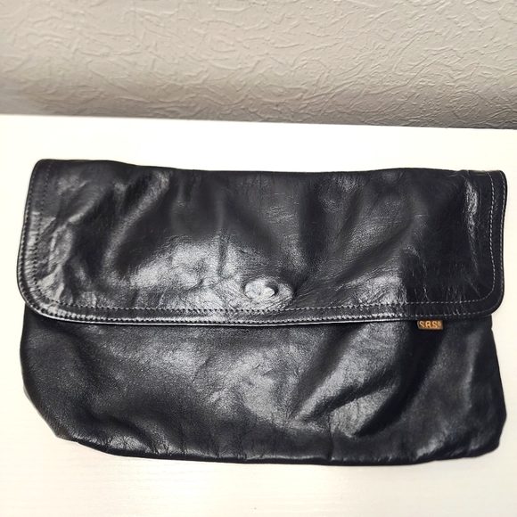 SAS Black Leather Clutch Zipper Pocket‎ Magnetic Closure Rectangle - Picture 1 of 16
